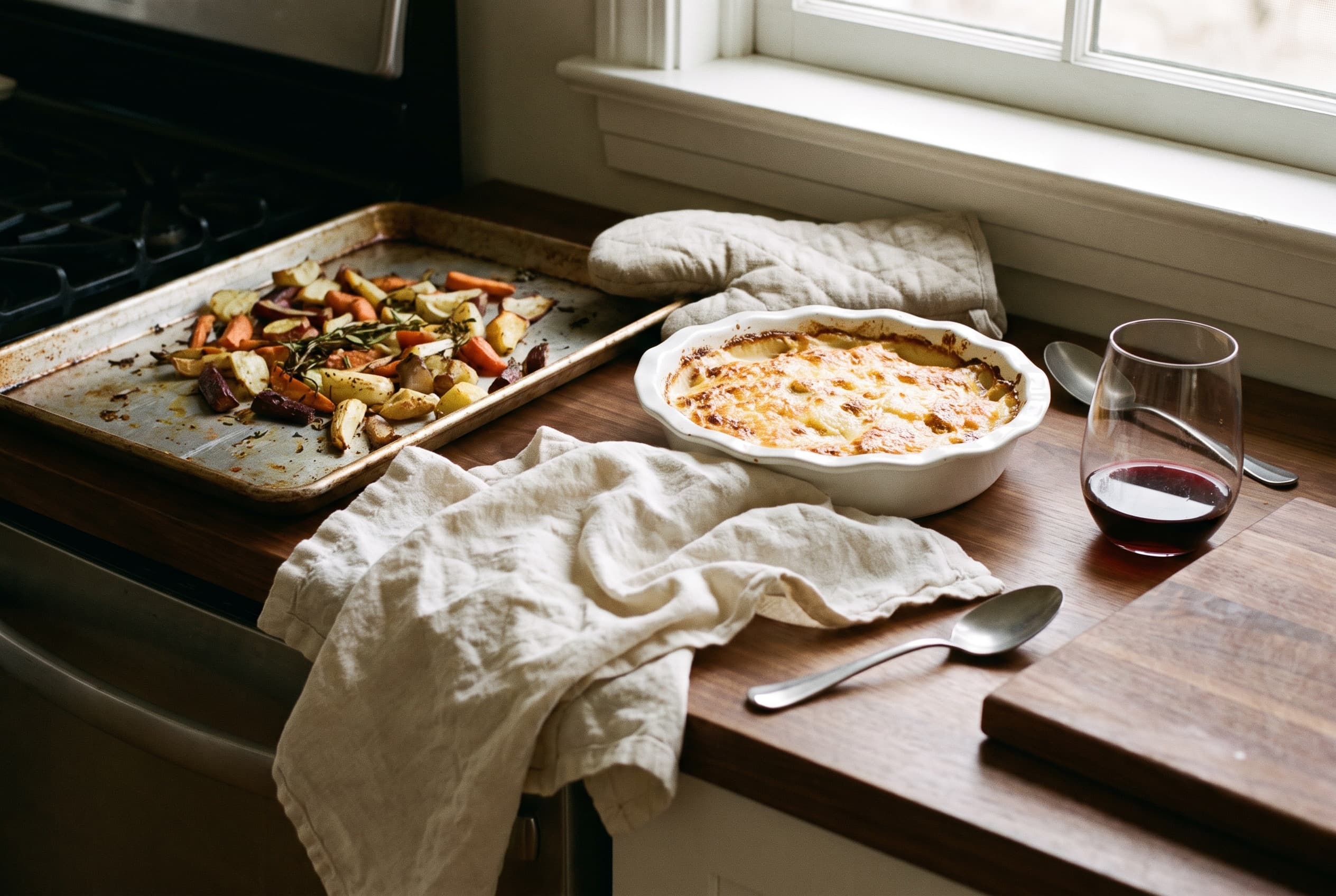 The sheet pan and the baking dish