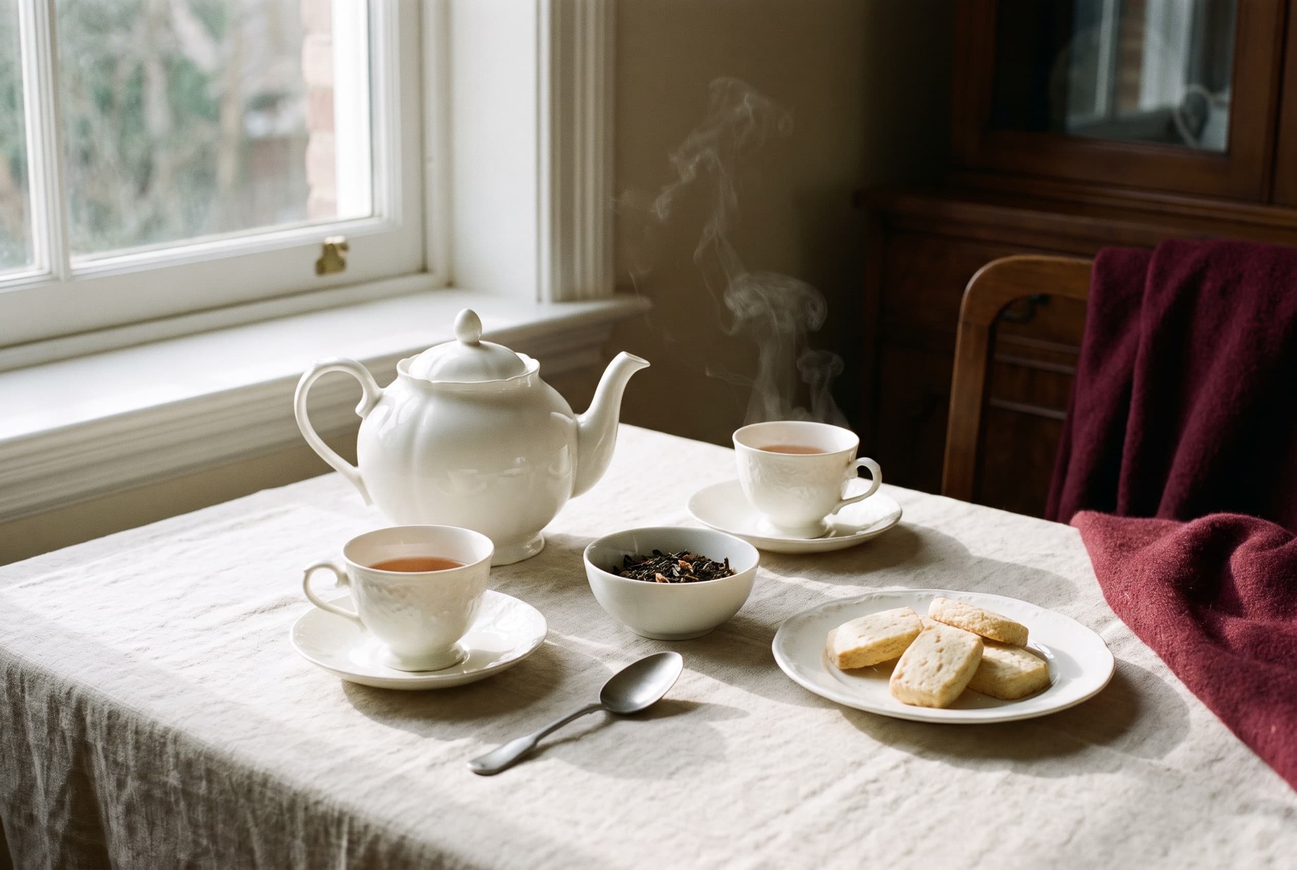 The teapot and cups for serving loose leaf tea