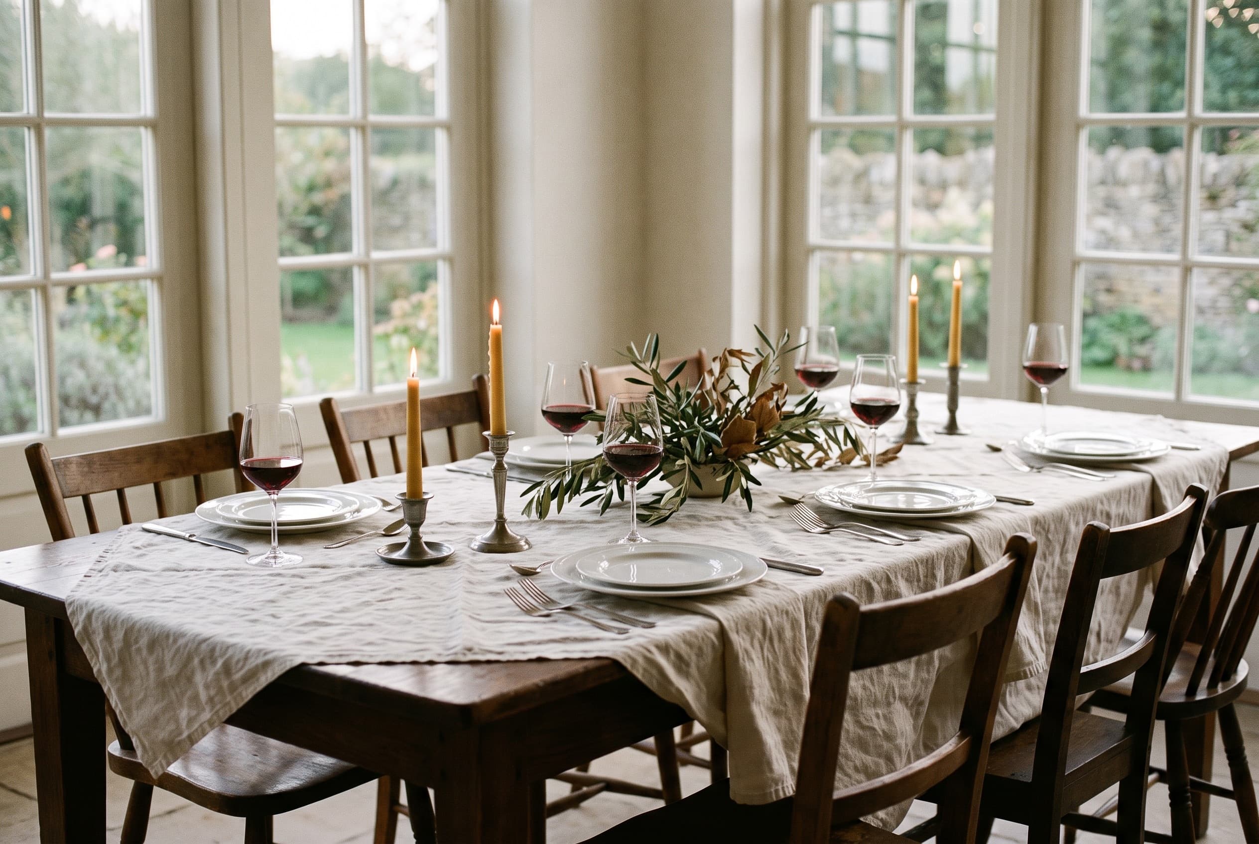 A long dinner table laid with linen, white plates, candles and red wine at dusk