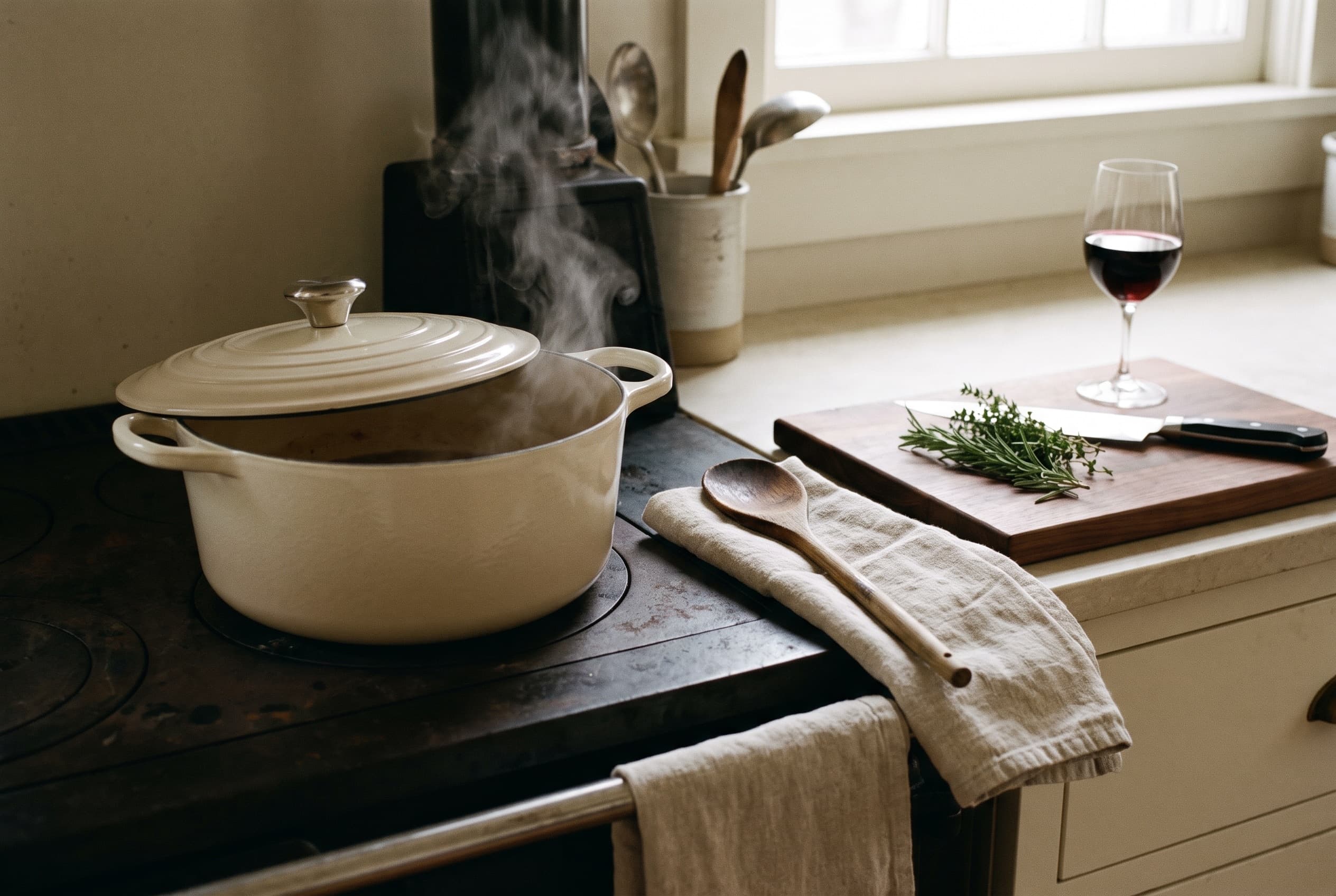 A cream enameled Dutch oven steaming on a dark range