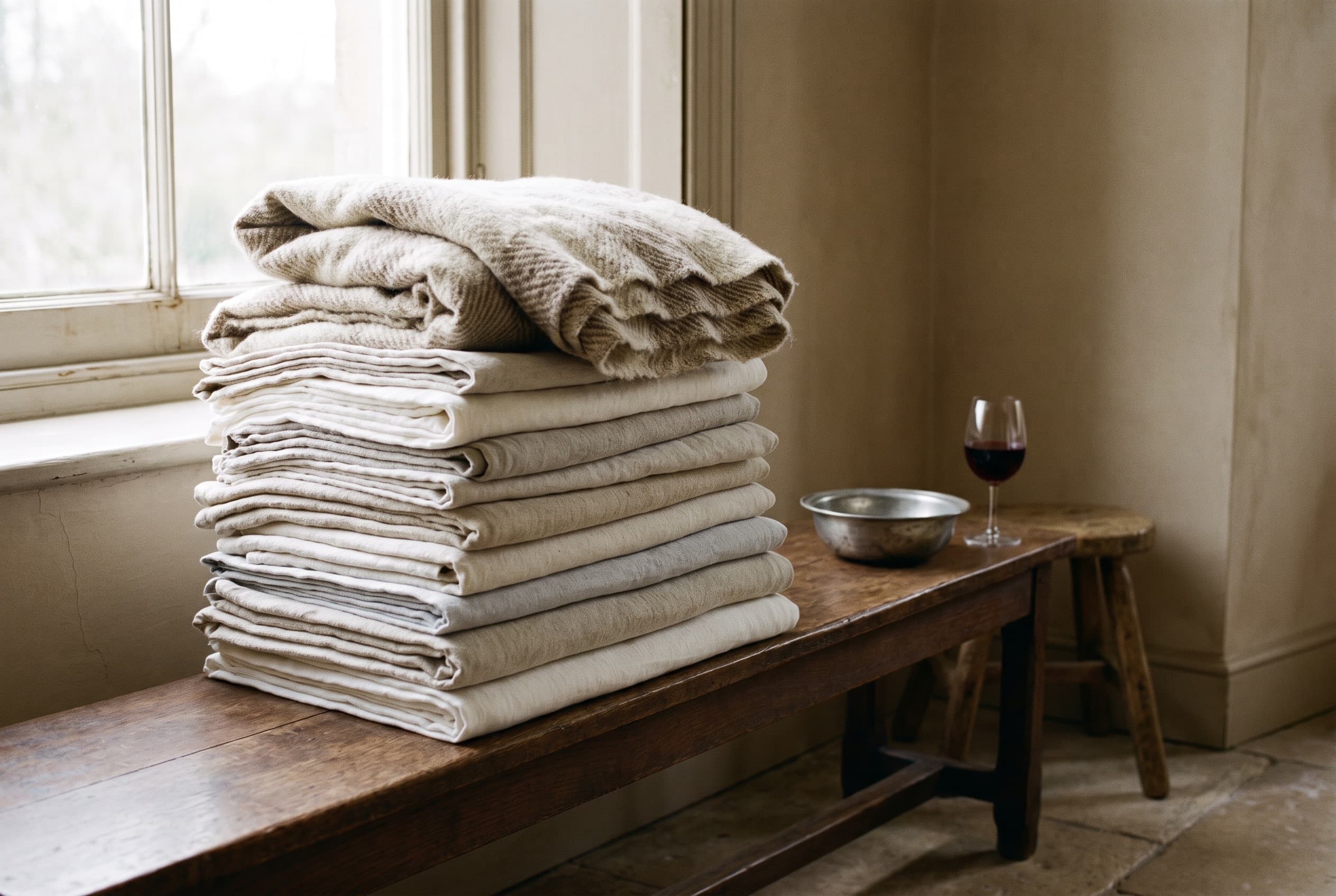 A tall stack of folded washed linen on a wooden bench by a window