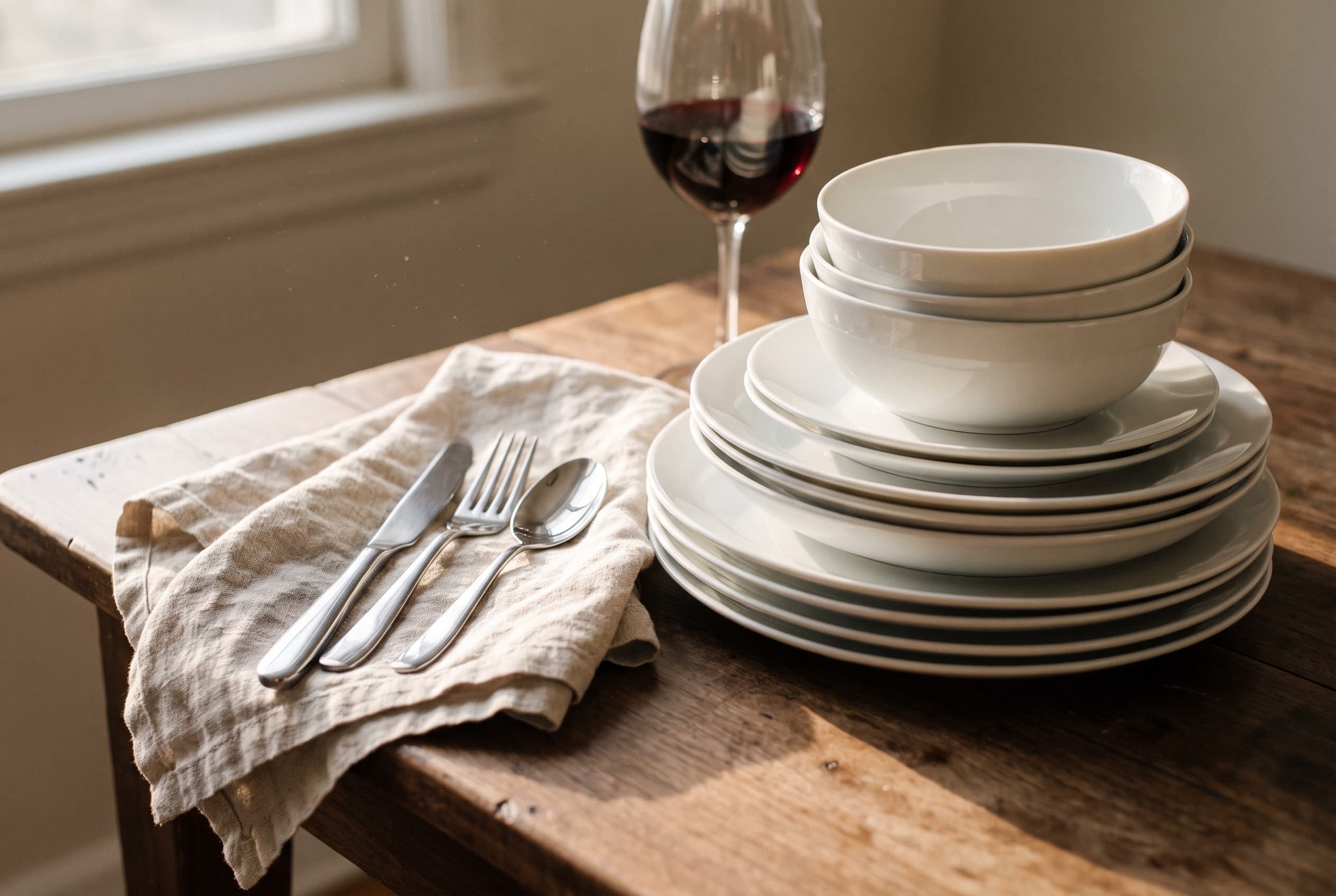 Stacked white porcelain plates and bowls with polished flatware on a linen napkin